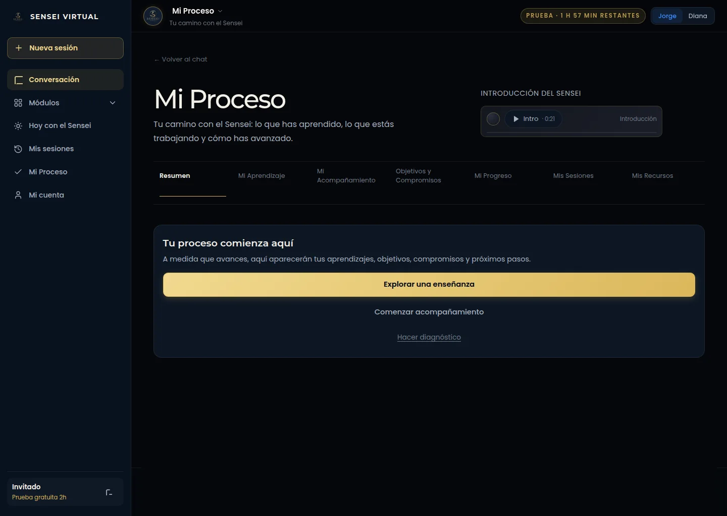 Vista real de Mi Proceso en Sensei Virtual